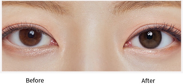 カラーコンタクトレンズを入れた女性の左目と裸眼の右目のカラーの比較